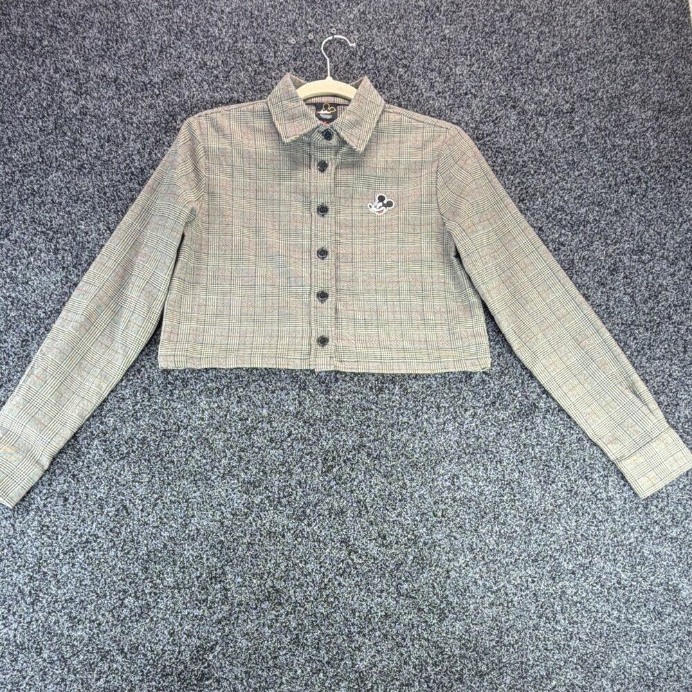 Forever 21 Disney x Mickey Mouse Plaid Shacket Button Front Embroidered S Gray